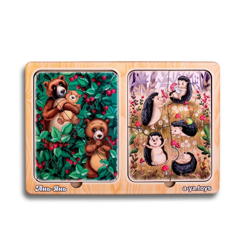 Дерев'яний пазл-вкладиш "Їжачки та ведмеді" Ubumblebees (ПСД186) PSD186 в рамці