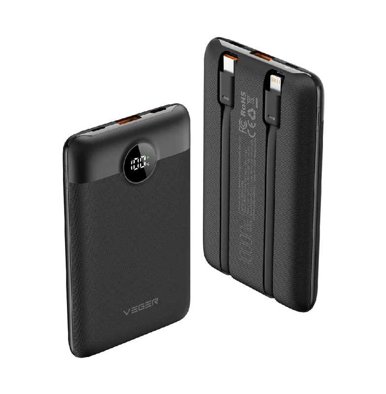 Зовнішній акумулятор VEGER 10000 mAh with built-in cables Type C / Lightning PD QC3.0 2A 22,5W C11 (W1170) black