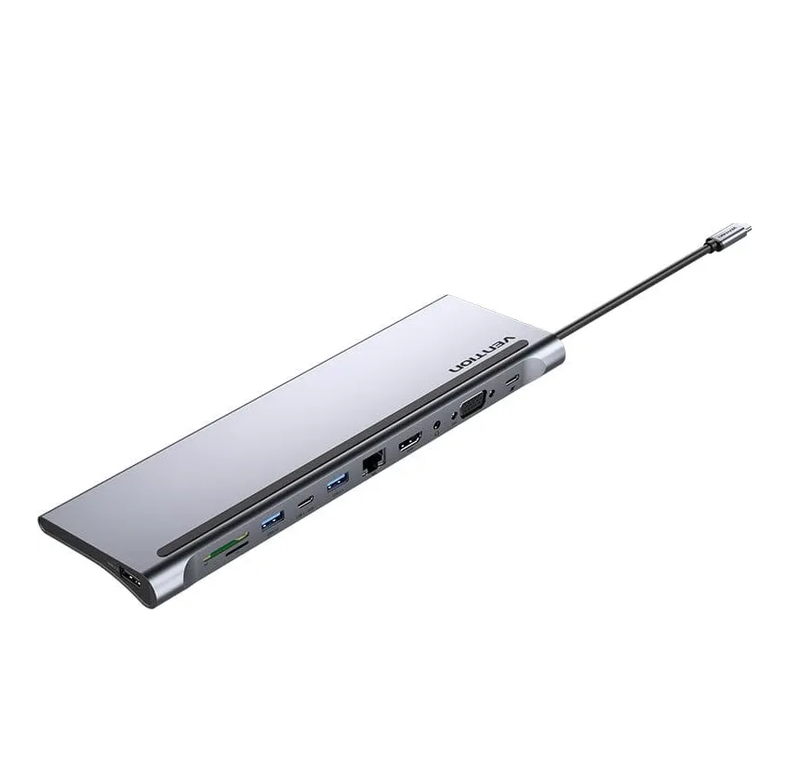 USB-хаб Vention Multi-function USB-C to HDMI/VGA/USB-C Gen 1/USB 3.0x2/USB 2.0/RJ45/SD/TF/TRRS 3.5mm/PD Docking Station 0.25m — Vention