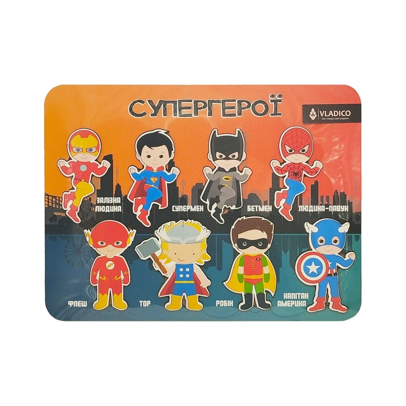 Дерев'яний пазл-вкладиш "Супер герої" 3240-05-003, 34х25 см, 8 елементів — VLADICO