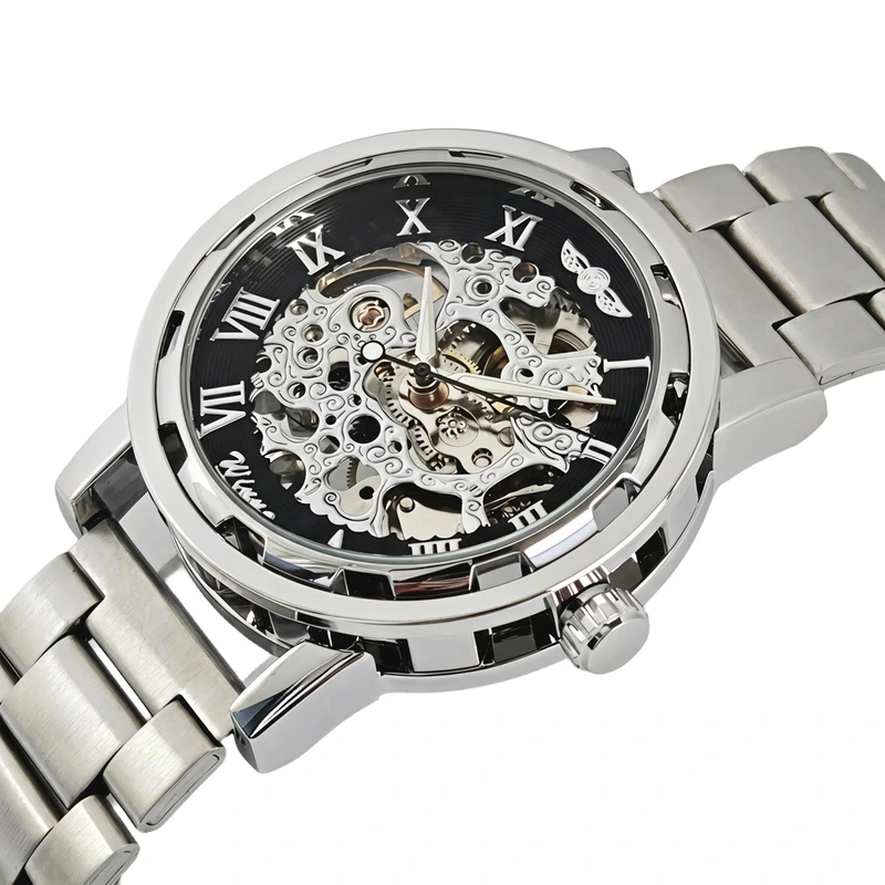 Чоловічий механічний годинник Winner Black Pure Silver, 2 ремінці