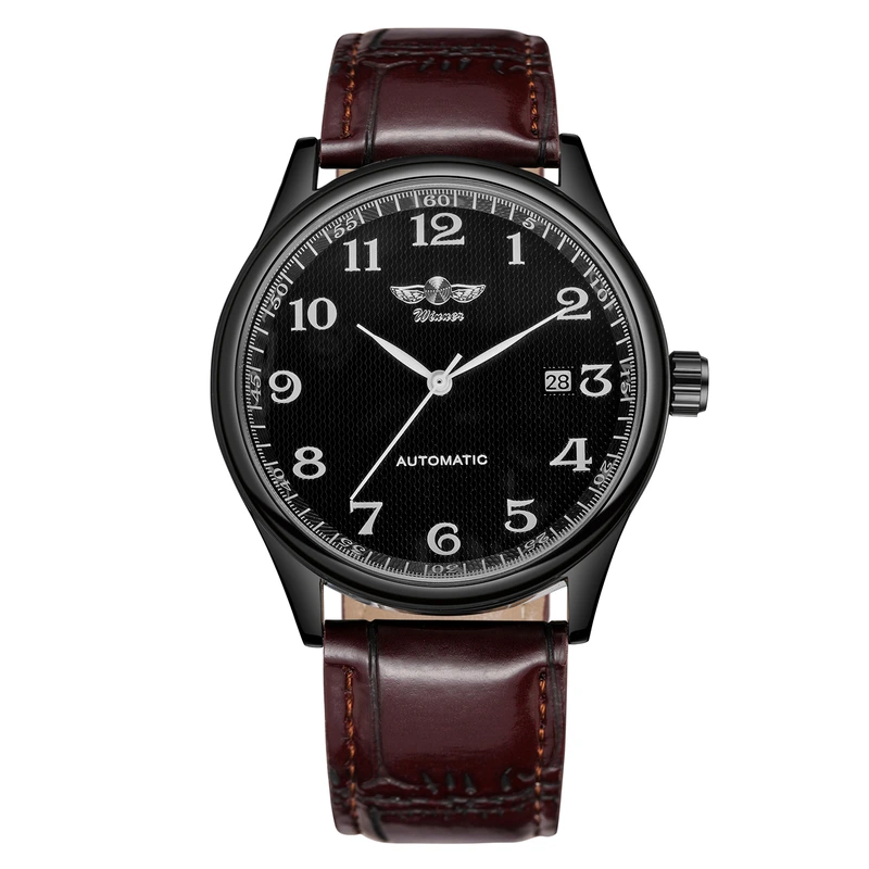 Чоловічий механічний годинник Winner 8023 Black Leather з автопідзаводом та датою — Winner