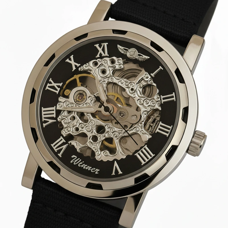 Чоловічий механічний годинник Winner Black Textile Classic, 2 ремінці