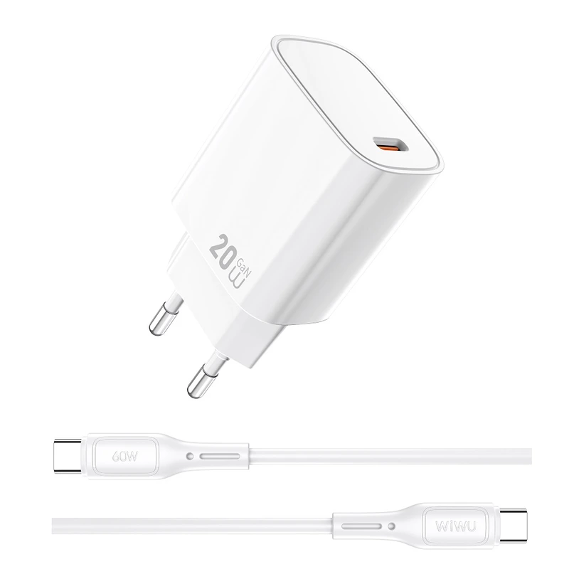 Мережевий зарядний пристрій з кабелем WIWU 20W Essen GaN Fast Charger+ Cable Combo Wi-G007 C-C EU White