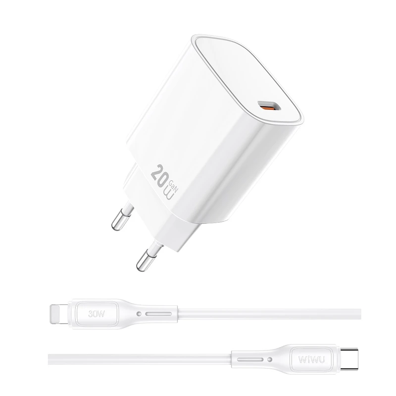Мережевий зарядний пристрій з кабелем WIWU 20W Essen GaN Fast Charger+ Cable Combo Wi-G007 C-L EU White