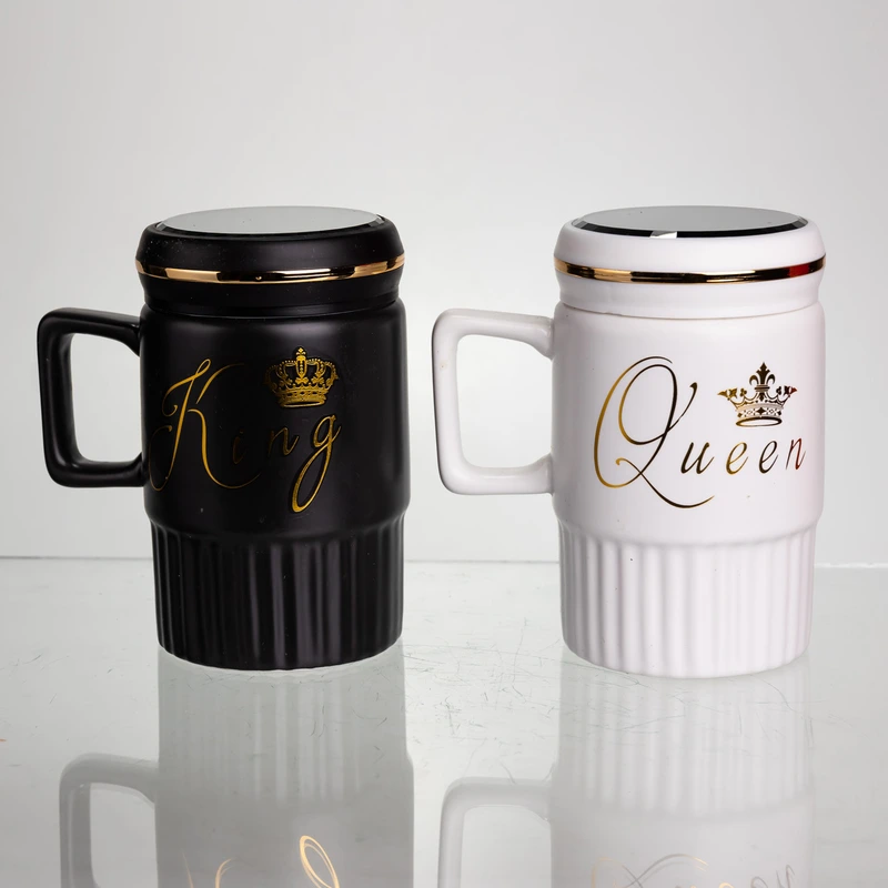 Набір парних порцелянових чашок з кришкою 2 (шт) по 450  (мл) Чорний з білим Yiwu FM-26