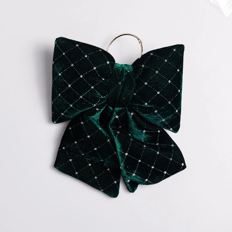 Оксамитовий бант для декору зі стразами та візерунком на ялинку 25×35 (см) Зелений CR-2-20 — Yiwu