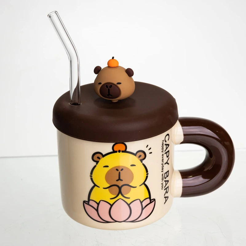 Чашка порцелянова з кришкою та трубочкою Капібара в лотосі 300 (мл) подарункова кружка прикольна чашка для дітей на подарунок FM-27B — Yiwu