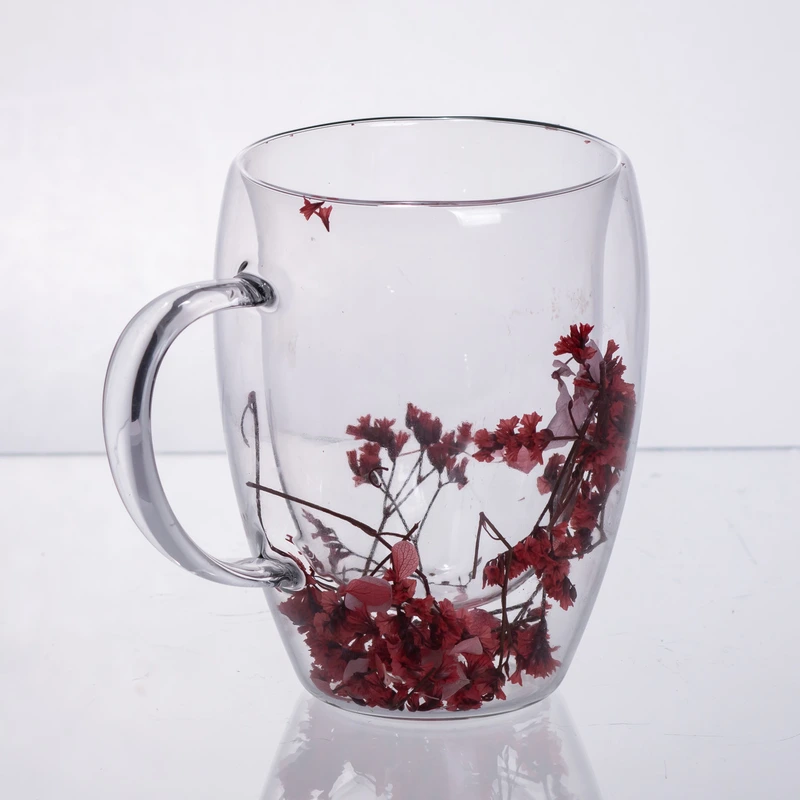 Чашка скляна з подвійними стінками з декором червоних сухоцвітів 350 мл 64486-41
