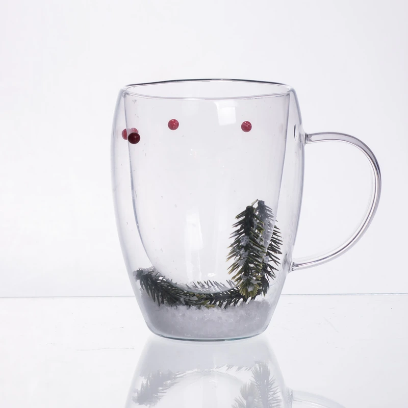 Чашка скляна з подвійними стінками з новорічним декором гілочка з ялинки 350 мл 64486-44