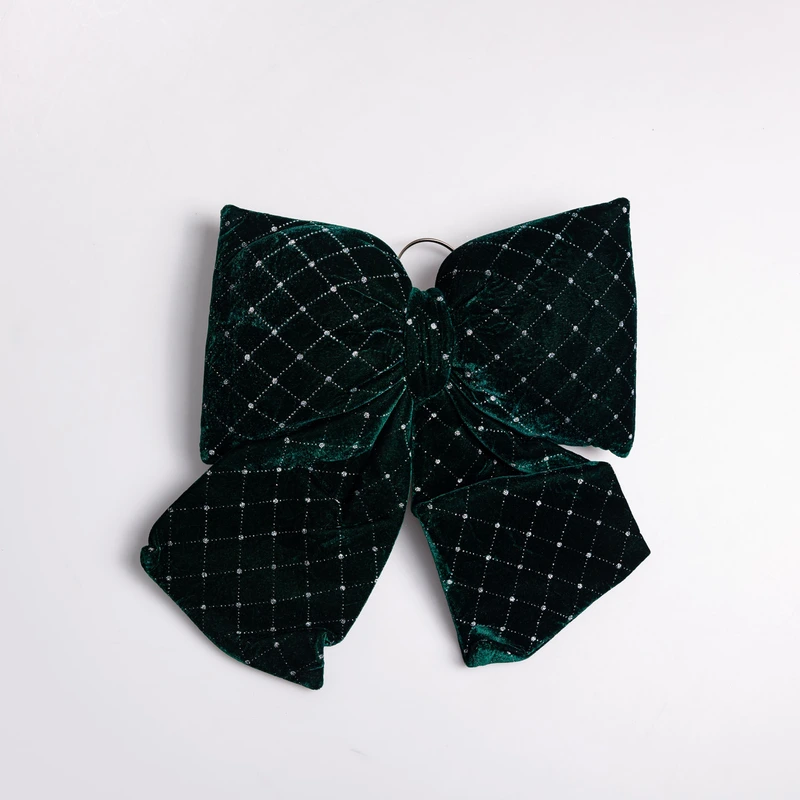 Оксамитовий бант для декору зі стразами та візерунком на ялинку 35×45 (см) Зелений CR-2-19 — Yiwu
