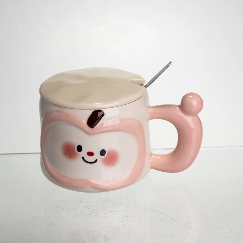 Чашка порцелянова 400 (мл) з кришкою та ложкою, оригінальна кружка на подарунок чашка для дітей Рожевий FM-25C