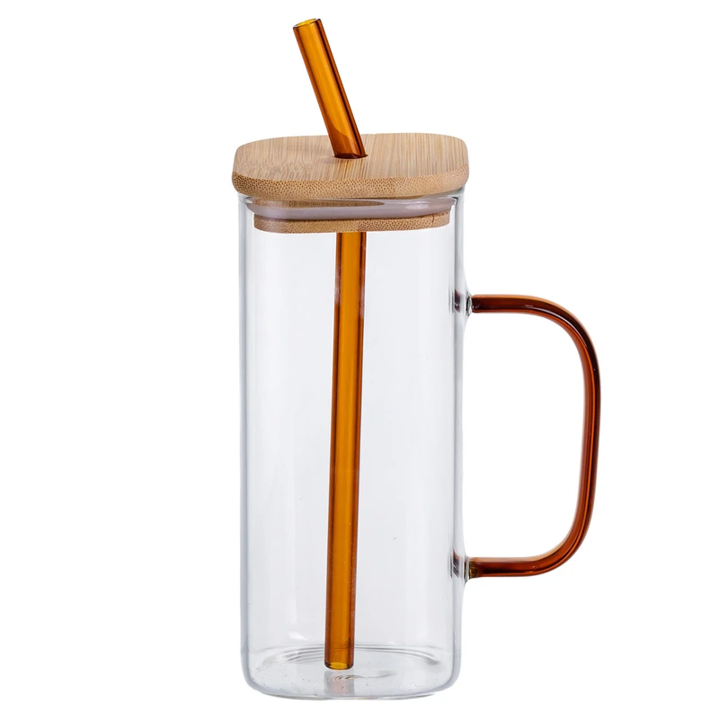 Скляна чашка 400 мл з бамбуковою кришкою і золотистою трубочкою HP-19-146GOLD