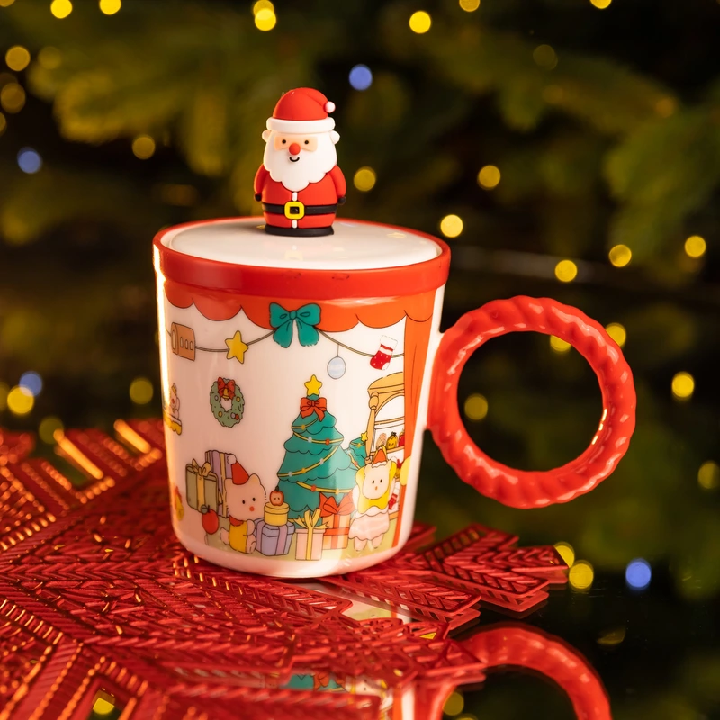 Чашка порцелянова з кришкою Санта 400 (мл) Червона Yiwu FM-CS-36A — Yiwu