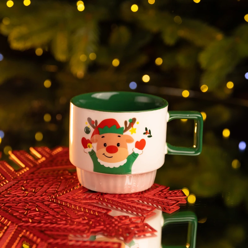 Новорічна порцелянова Новорічний олень 400 (мл) Біла з зеленим Yiwu FM-CS-50O — Yiwu