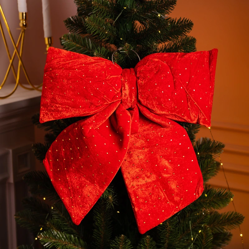 Оксамитовий бант для декору зі стразами на ялинку 45×50 (см) Червоний CR-2-6 — Yiwu