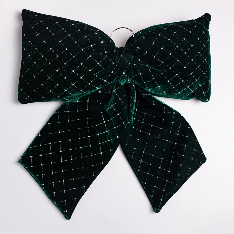 Оксамитовий бант для декору зі стразами та візерунком на ялинку 55×70 (см) Зелений CR-2-17 — Yiwu
