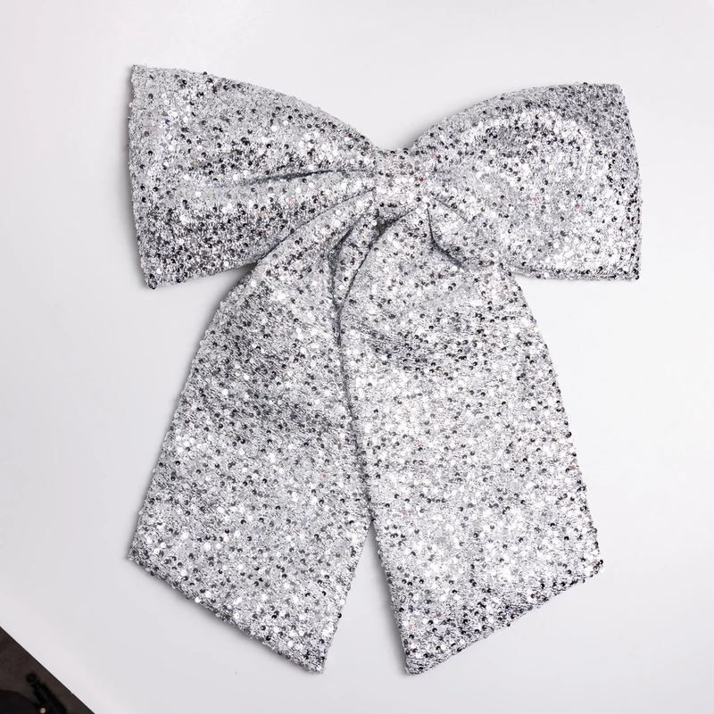 Бант новорічний для декору з паєтками на ялинку 55×70 (см) Сріблястий CR-2-25 — Yiwu