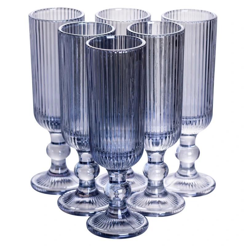 Келих для шампанського фігурний прозорий ребристий з товстого скла набір 6 шт Блакитний HP7116BL — Yiwu