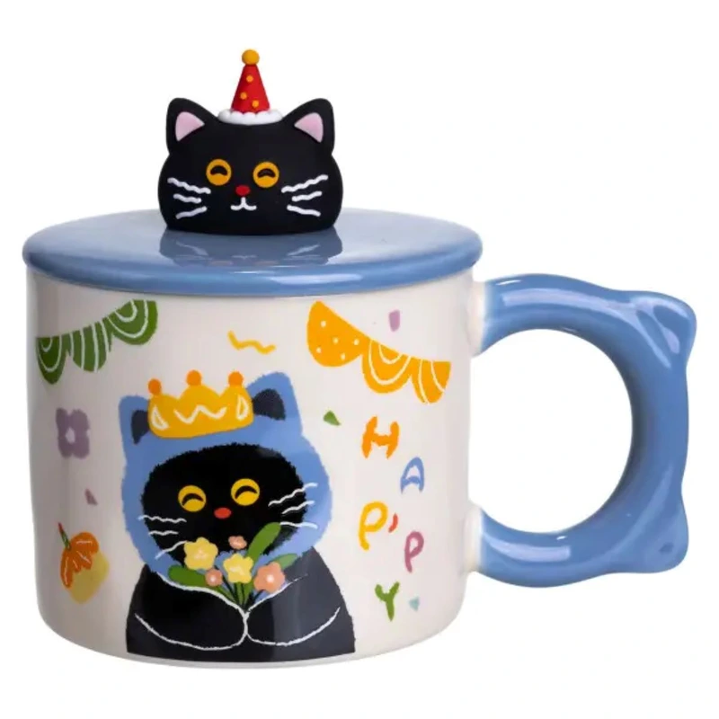 Чашка порцелянова з кришкою Kitten's Birthday 400 (мл) подарункова кружка прикольна чашка для дітей на подарунок Синій FM-24A — Yiwu