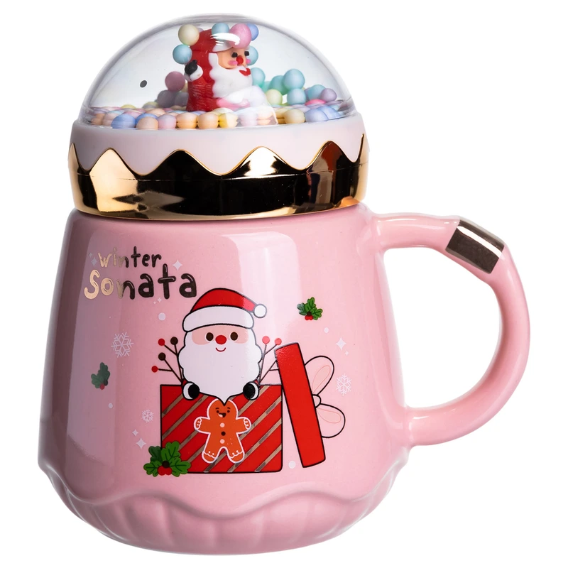 Чашка порцелянова з кришкою Christmas 400 (мл) Рожева Yiwu FM-CS-41C — Yiwu