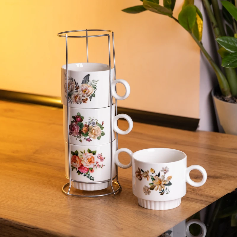 Набір чашок для чаю та кави на металевій підставці Flower 4 (шт) по 300 (мл) подарунковий набір порцелянових чашок FM-7