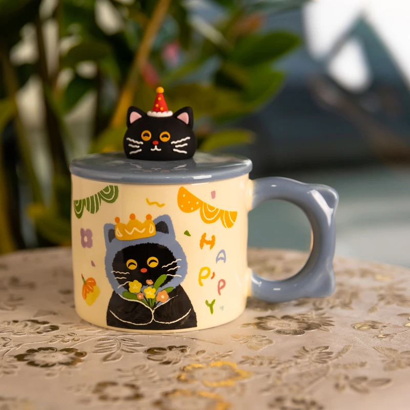 Чашка порцелянова з кришкою Kitten's Birthday 400 (мл) подарункова кружка прикольна чашка для дітей на подарунок Синій FM-24A