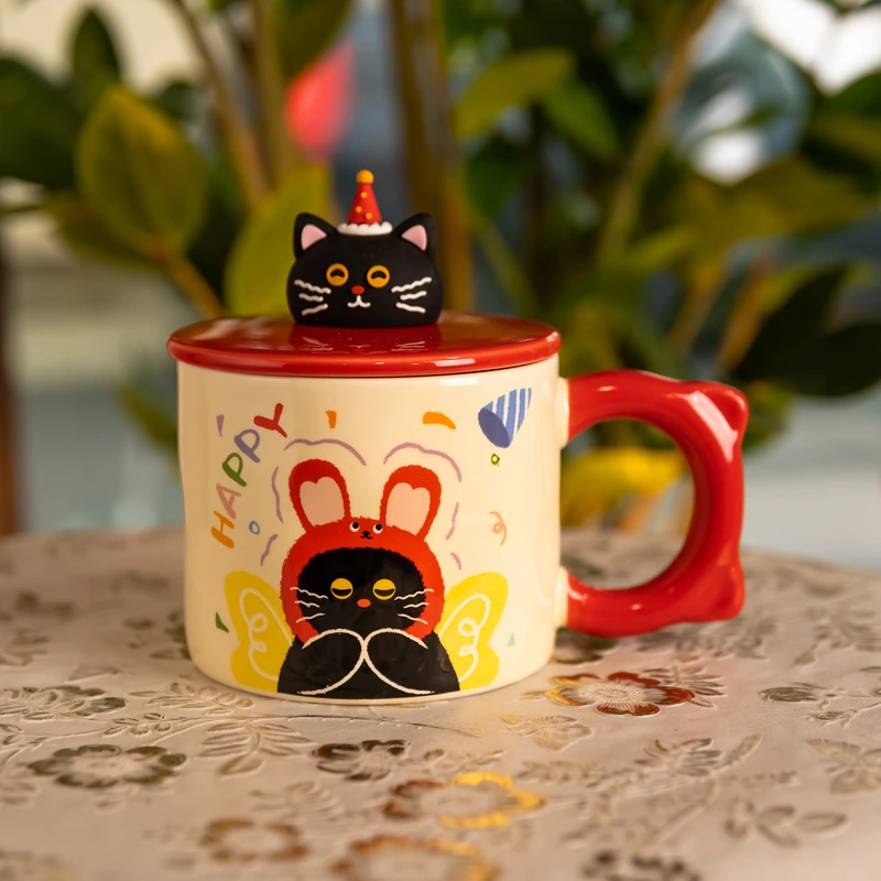 Чашка порцелянова з кришкою Kitten's Birthday 400 (мл) подарункова кружка прикольна чашка для дітей на подарунок Рожевий FM-24C