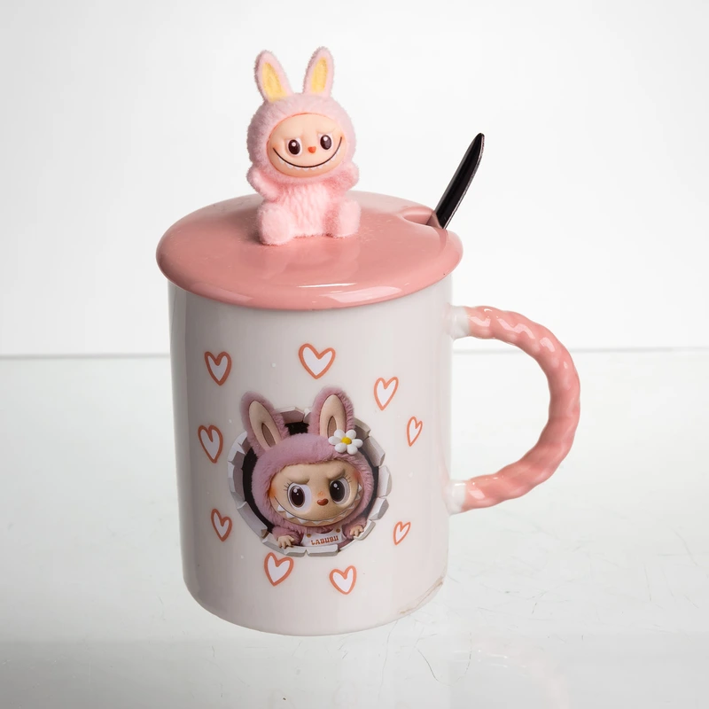 Чашка порцелянова з кришкою і ложкою Labubu 400 (мл) подарункова кружка прикольна чашка для дітей на подарунок Рожевий FM-35C