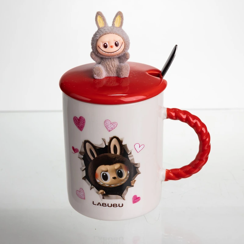 Чашка порцелянова з кришкою і ложкою Labubu 400 (мл) подарункова кружка прикольна чашка для дітей на подарунок Червоний FM-35D