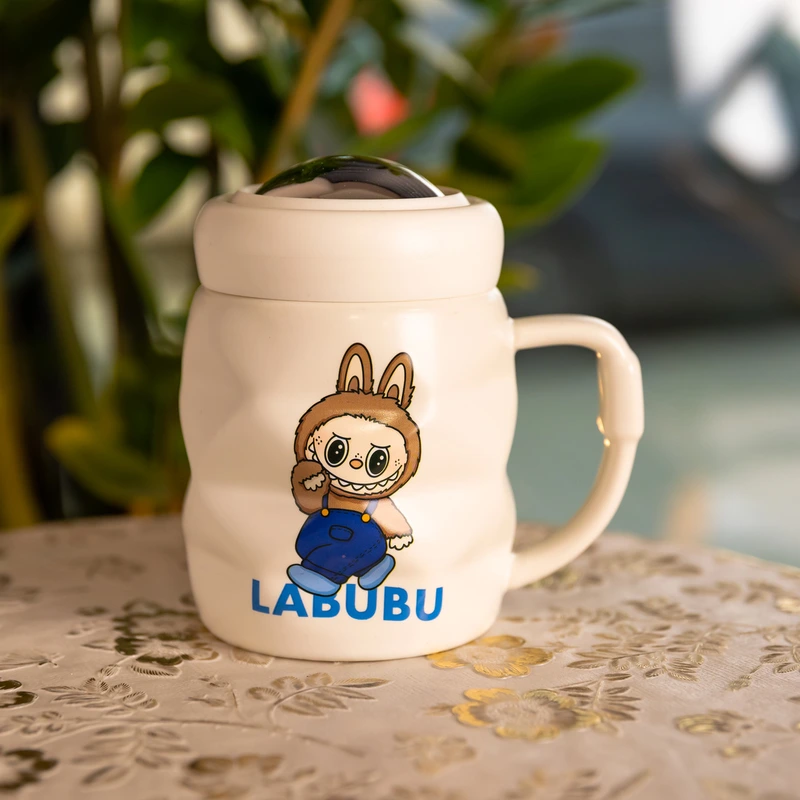 Чашка порцелянова з кришкою Labubu 400 (мл) подарункова кружка прикольна чашка для дітей на подарунок Білий з синім FM-54A