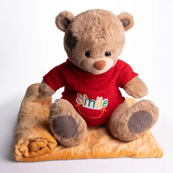 М'яка іграшка з пледом 110х140 см Ведмедик Тедді в червоному светрі бежевий 509-35BRR