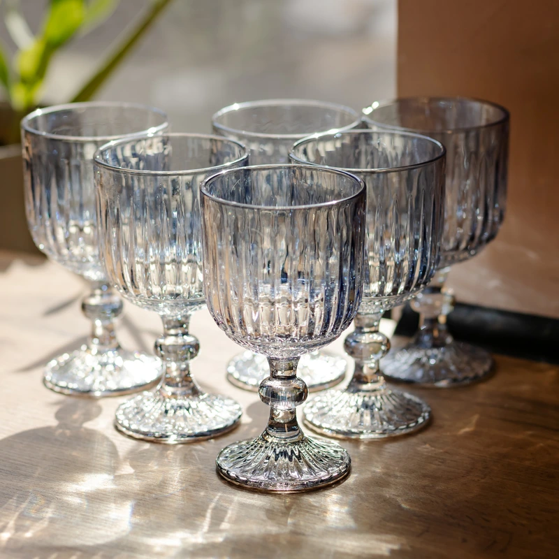 Набір келихів для вина 6 штук по 300 мл ребристих із товстого скла синій HP-19-237 — Yiwu