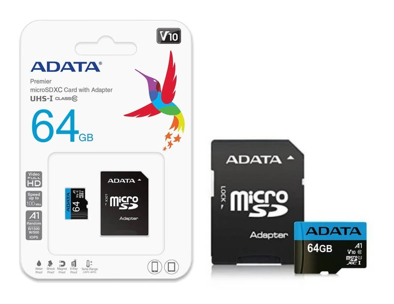 Карта пам'яті microSDXC (UHS-1) A-DATA Premier 64Gb Class 10 A1 (R-100Mb/s)  (adapter SD)