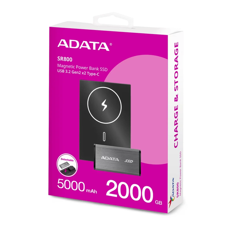 Портативний SSD з зовнішім акумулятором ADATA SR800MPB 2TB USB 3.2 Gen2 x2 Read/Write 2000MB/s magnetic wireless charging QC/PD 20W 5000mAh