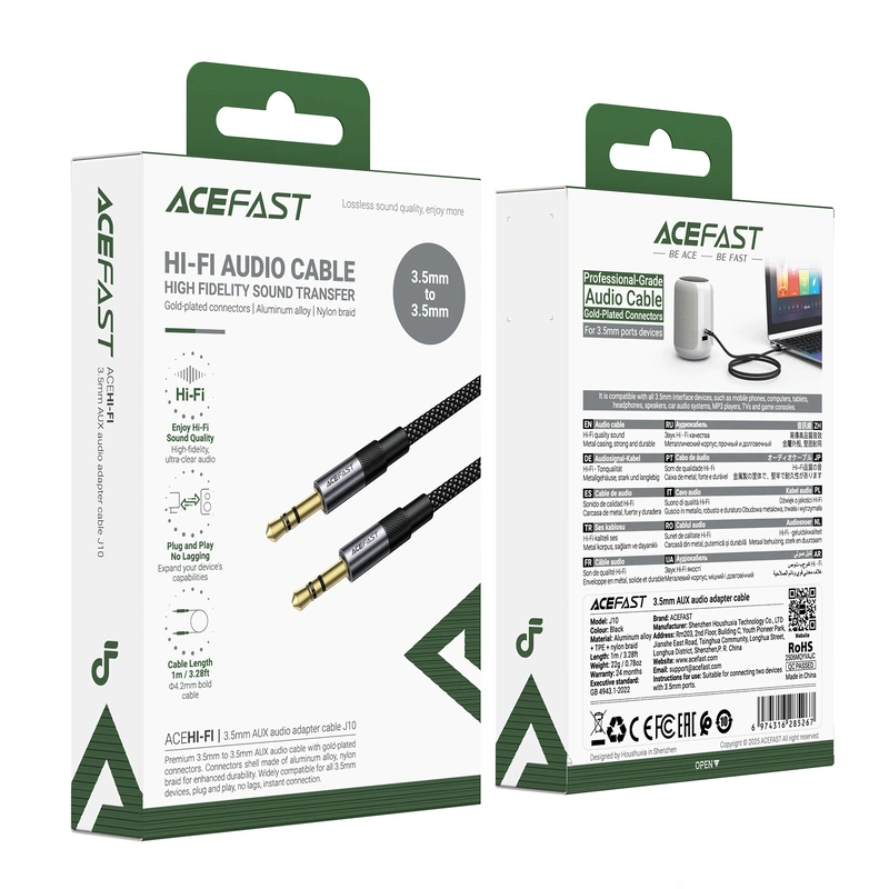 Аудіокабель ACEFAST J10 3.5mm male to 3.5mm male, nylon braid, 1m, Black