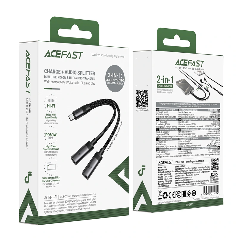 Аудіокабель ACEFAST J14 USB-C 2-in-1 charging audio adapter Black