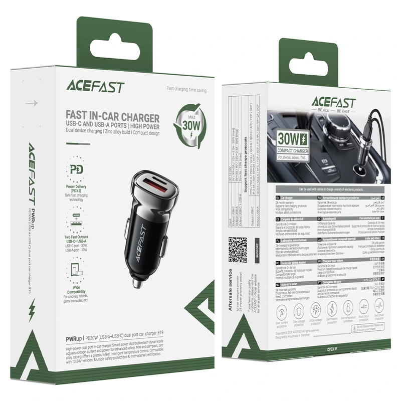 Автомобільний зарядний пристрій ACEFAST B19 PD30W (USB-C+USB-A) car charger metal gray