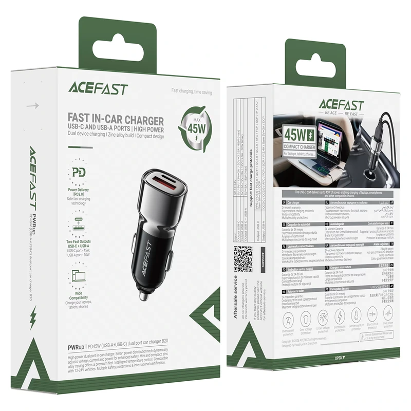 Автомобільний зарядний пристрій ACEFAST B20 PD45W (USB-C+USB-A) car charger metal gray