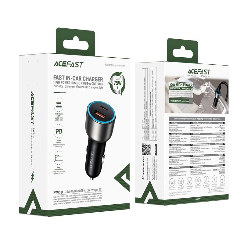 Автомобільний зарядний пристрій ACEFAST B21 75W(USB-C+USB-A)car charger Metal Gray