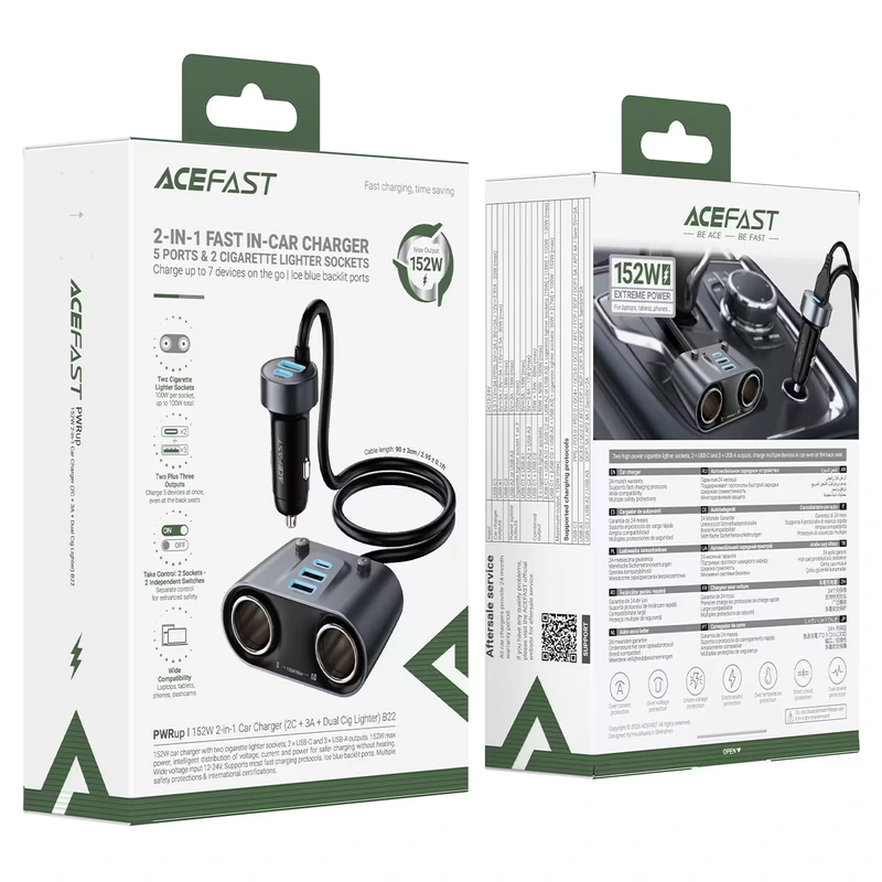 Автомобільний зарядний пристрій ACEFAST B22 152W 2-in-1 Car Charger（2USB-C+3USB-A+Dual Cig Lighter） metal gray
