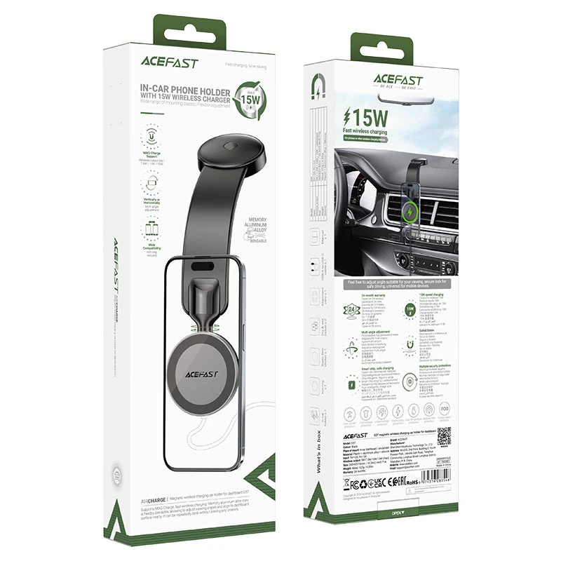 Автотримач для телефона з БЗП ACEFAST D37 magnetic wireless charging car holder for dashboard Black