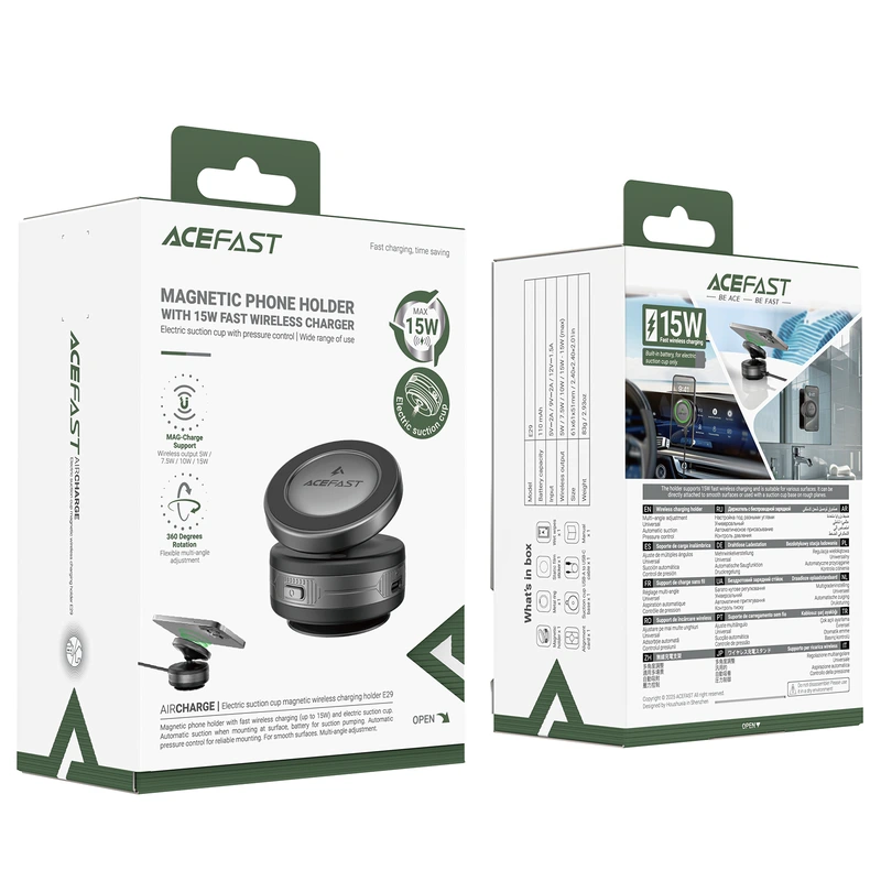 Автотримач для телефона з БЗП ACEFAST E29 electric Suction cup magnetic wireless charging holder Metal Gray