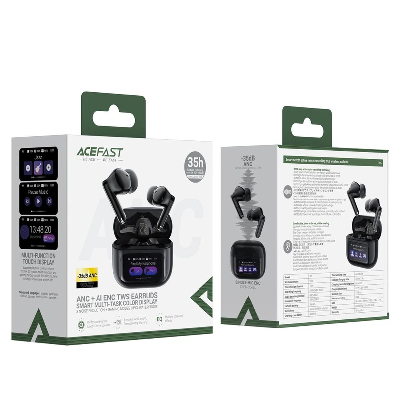 Бездротові навушники TWS ACEFAST W6 smart screen,ENC, IPX4, Black