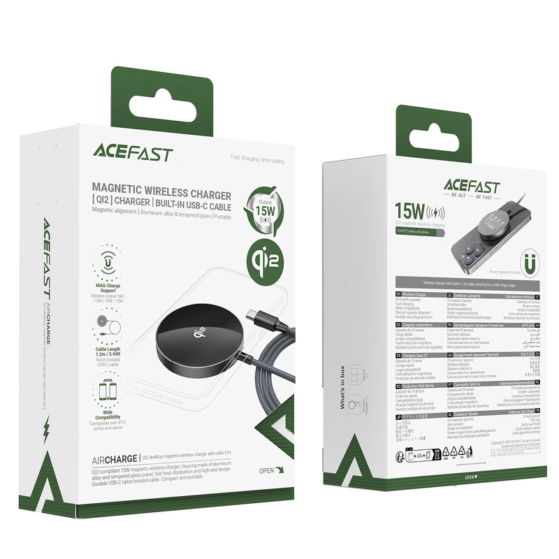 Бездротовий зарядний пристрій ACEFAST E24 QI2 desktop magnetic wireless charger with cable, Metal Gray