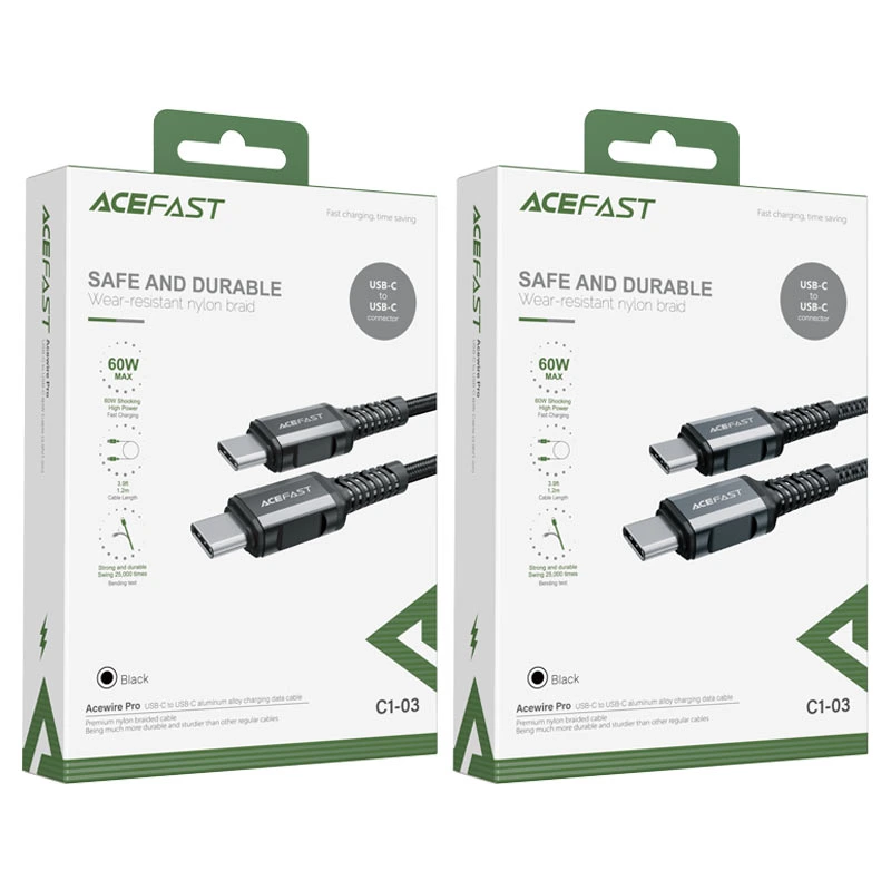Кабель ACEFAST C1-03 Type-C to Type-C 3A, 1.2m, nylon, aluminum connectors, Black