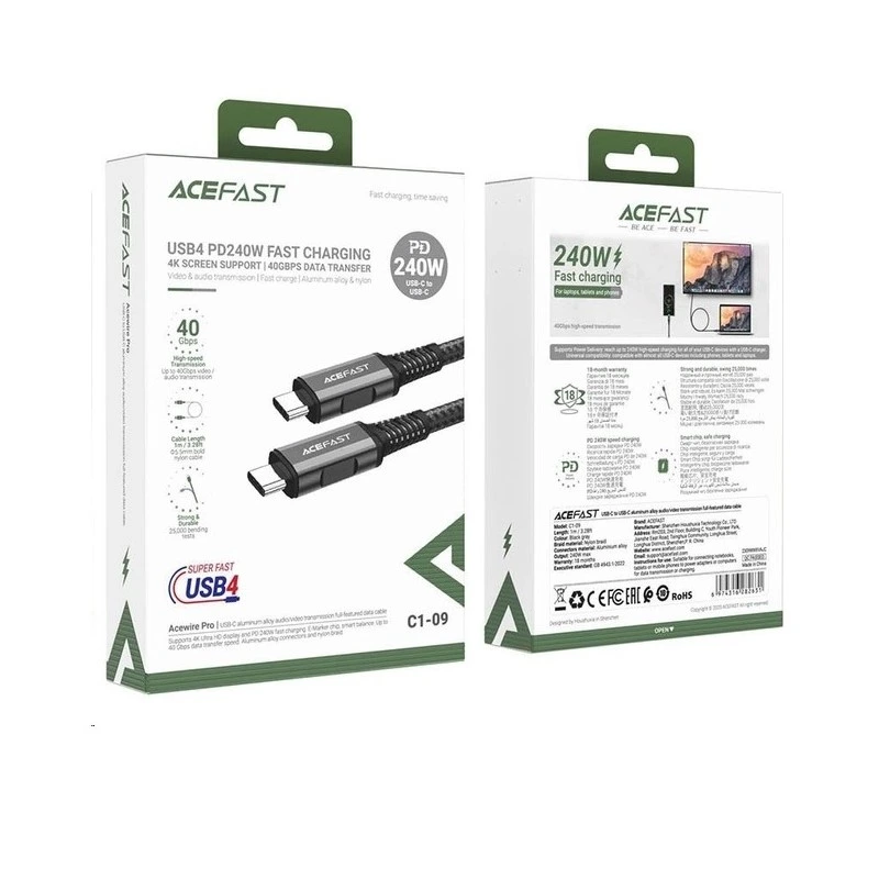 Кабель ACEFAST C1-09 USB-C to USB-C aluminum alloy audio/video transmission full-featured data cable Black