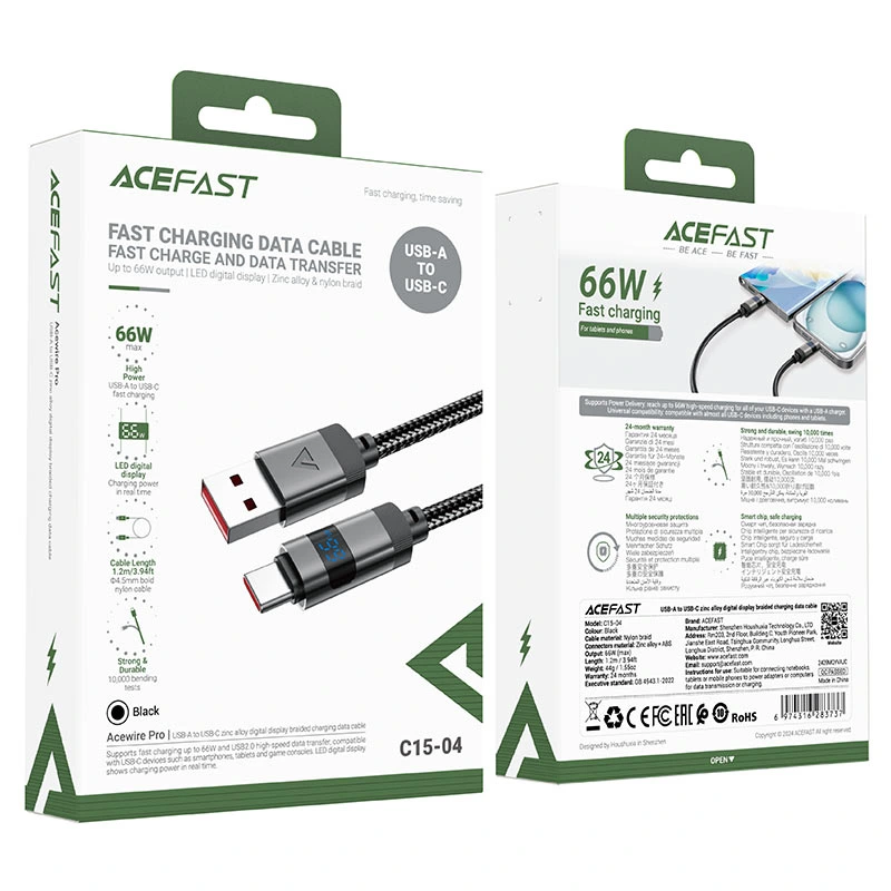 Кабель ACEFAST C15-04 USB-A to USB-C zinc alloy digital display braided charging data cable Black