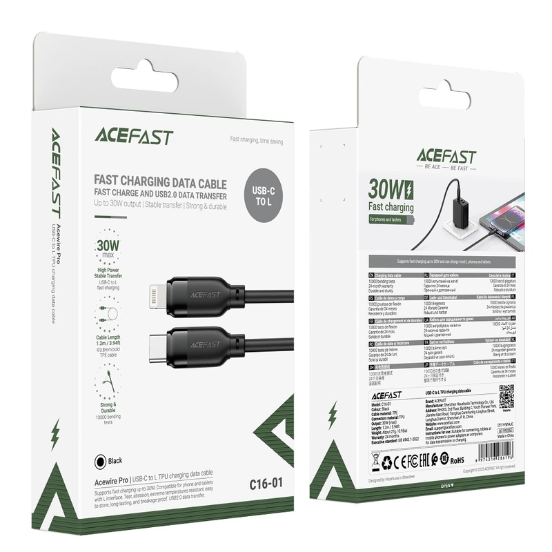 Кабель ACEFAST C16-01 TPU charging data cable USB-C to L Black