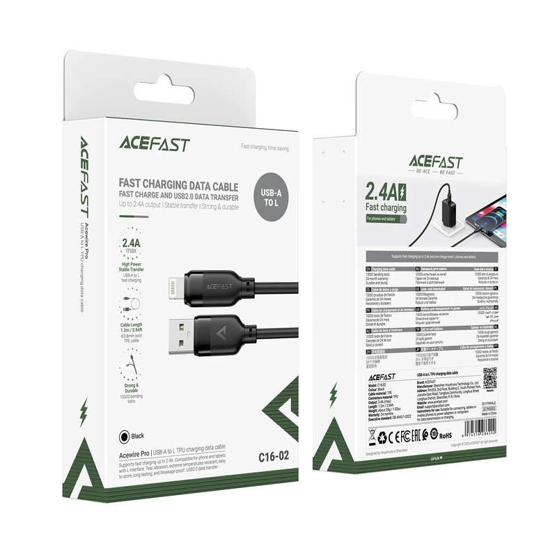 Кабель ACEFAST C16-02 TPU charging data cable USB-A to L Black